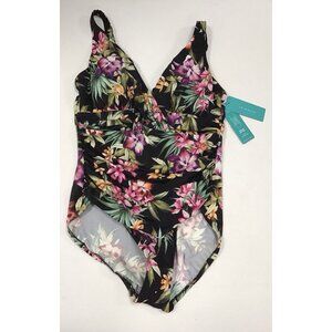 Aqua Green Women's UPF 50 V-Neck Ruched Shaping Swimsuit Black Floral Size 12 💚